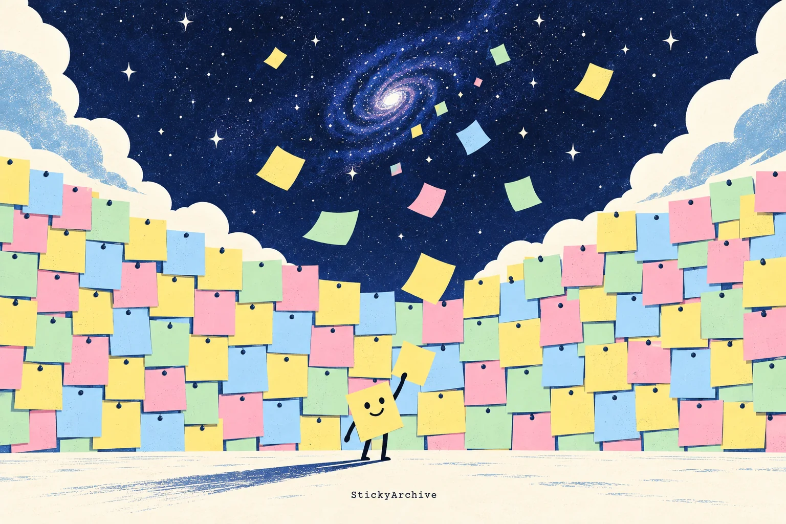 StickyArchive illustration of a pastel sticky note wall opening into a starry night sky