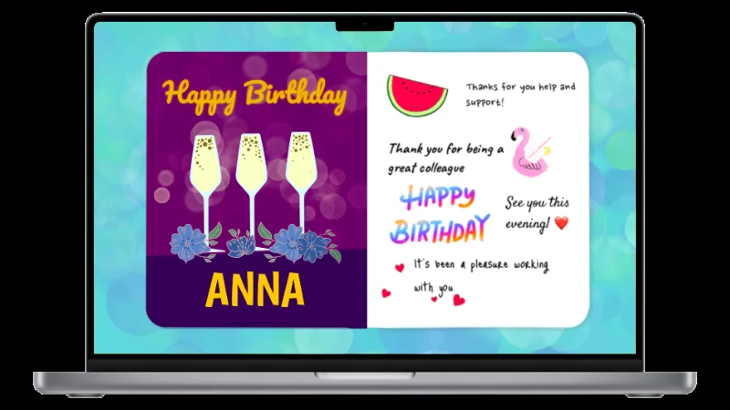 A GreetBook group greeting card open on a laptop, signed by several colleagues