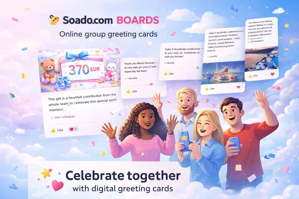 Soado marketing image showing a group celebrating around digital greeting cards