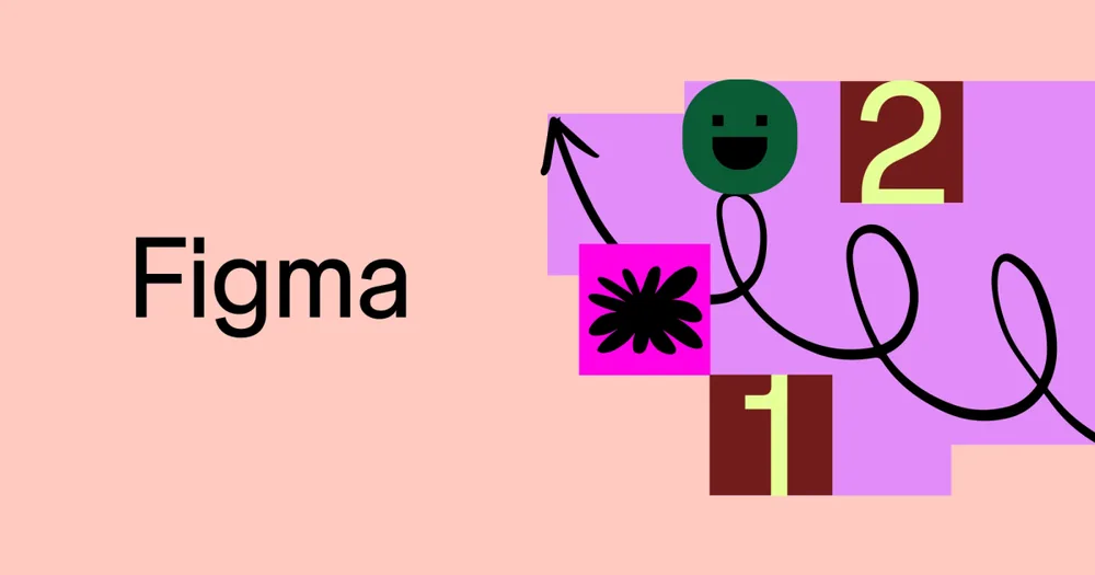 FigJam marketing image with playful shapes, stamps, and a drawn arrow on a pink background